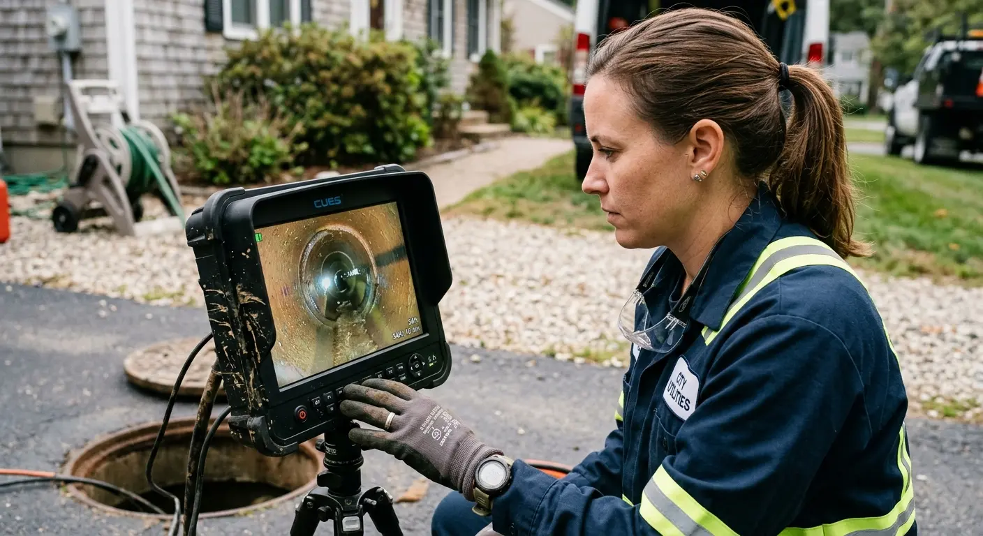 Technician reviewing sewer camera inspection footage in Lee