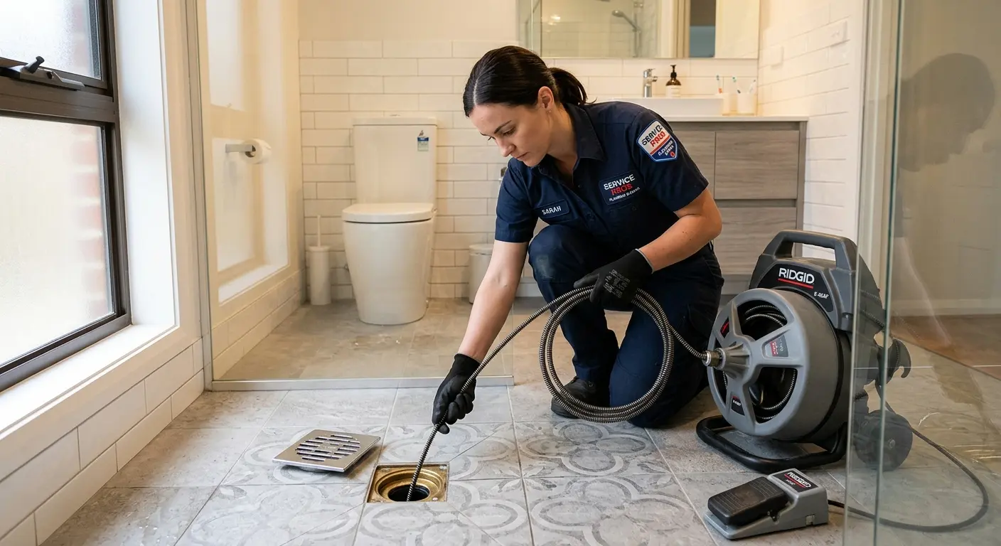 Technician clearing a bathroom floor drain for Sewer Line Installation in Lee